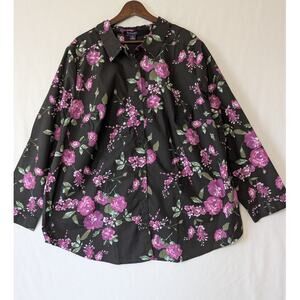 Roamans Womens Dark Floral Button Up Shirt Plus Size 26W Black Pink Long Sleeves